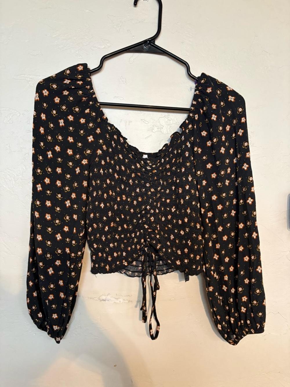Topshop Black Floral Smocked Long-Sleeve Crop Top